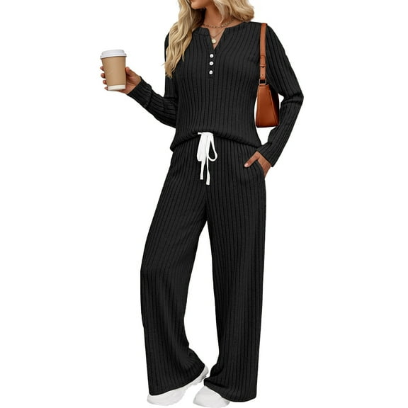 Fantaslook Two Piece Lounge Sets for Women Fall Travel Outfits Henley Neck Sweater tops Wide Leg Pants Matching Sets Pajamas Clothes