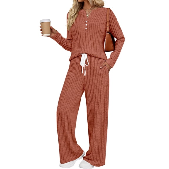 Fantaslook Two Piece Lounge Sets for Women Fall Travel Outfits Henley Neck Sweater tops Wide Leg Pants Matching Sets Pajamas Clothes