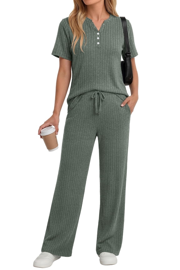 Two Piece Lounge Sets for Women Summer Outfits Henley V Neck Short Sleeve Tops Wide Leg Pants Matching Sets Trendy Clothes