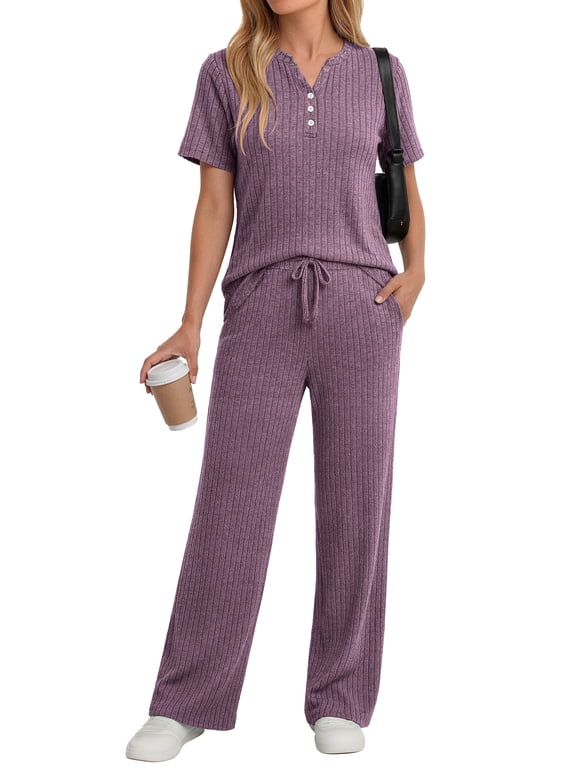Two Piece Lounge Sets for Women Summer Outfits Henley V Neck Short Sleeve Tops Wide Leg Pants Matching Sets Trendy Clothes