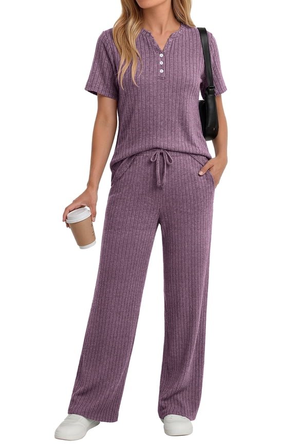 Two Piece Lounge Sets for Women Summer Outfits Henley V Neck Short Sleeve Tops Wide Leg Pants Matching Sets Trendy Clothes