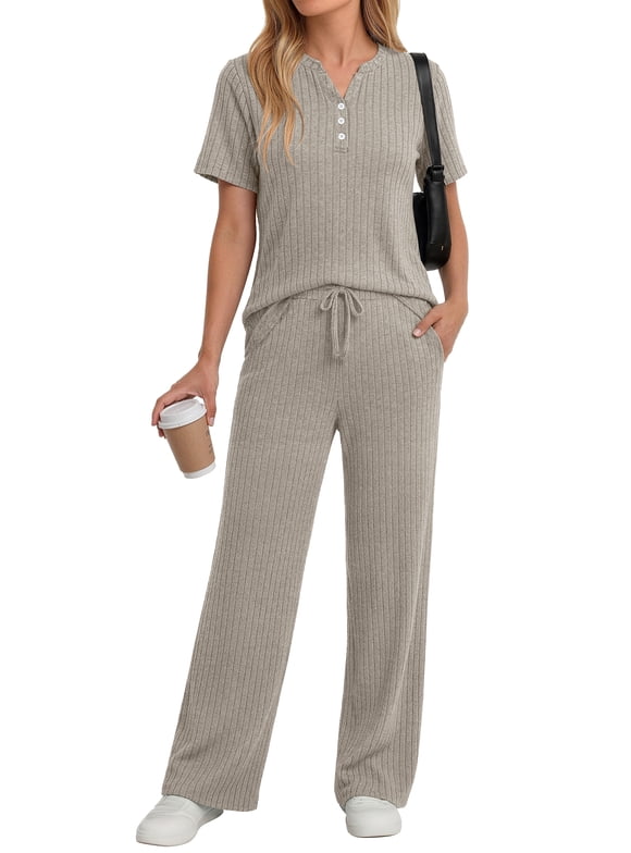 Two Piece Lounge Sets for Women Summer Outfits Henley V Neck Short Sleeve Tops Wide Leg Pants Matching Sets Trendy Clothes