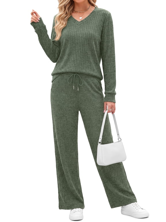 Two Piece Lounge Sets for Women Vacation Travel Fall Outfits V Neck Tops Wide Leg Pants Matching Sets Women Clothing
