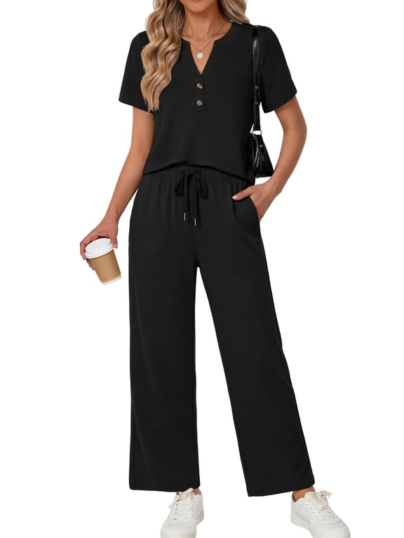 Two Piece Lounge Sets for Women Vacation Travel Outfits Dressy Casual V Neck Short Sleeve Tops Wide Leg Pants Fashion Outfits