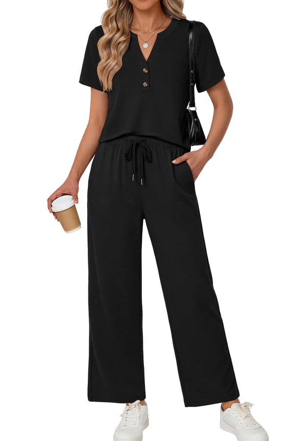 Two Piece Lounge Sets for Women Vacation Travel Outfits Dressy Casual V Neck Short Sleeve Tops Wide Leg Pants Fashion Outfits