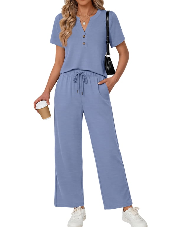 Two Piece Lounge Sets for Women Vacation Travel Outfits Dressy Casual V Neck Short Sleeve Tops Wide Leg Pants Fashion Outfits