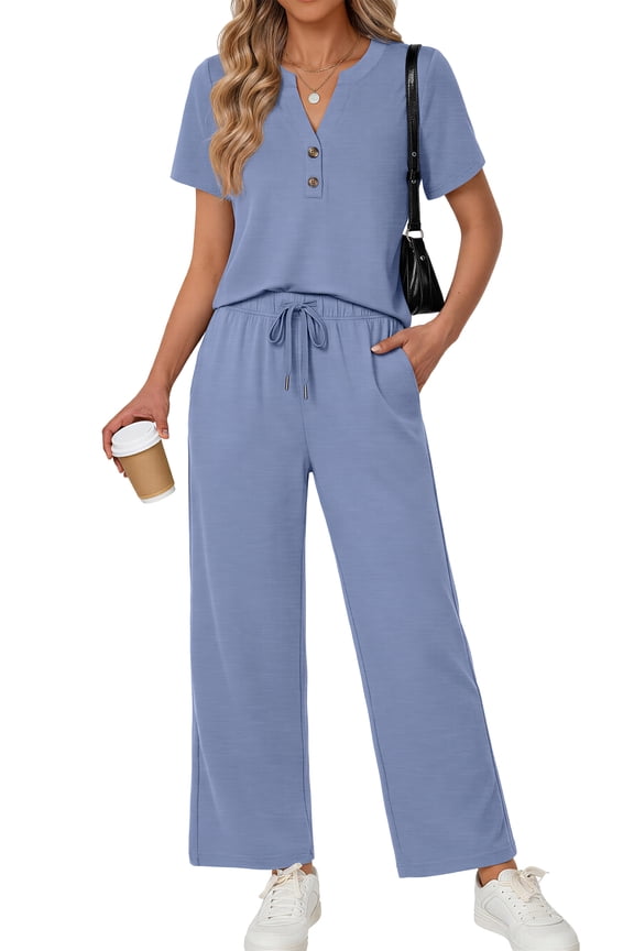 Two Piece Lounge Sets for Women Vacation Travel Outfits Dressy Casual V Neck Short Sleeve Tops Wide Leg Pants Fashion Outfits