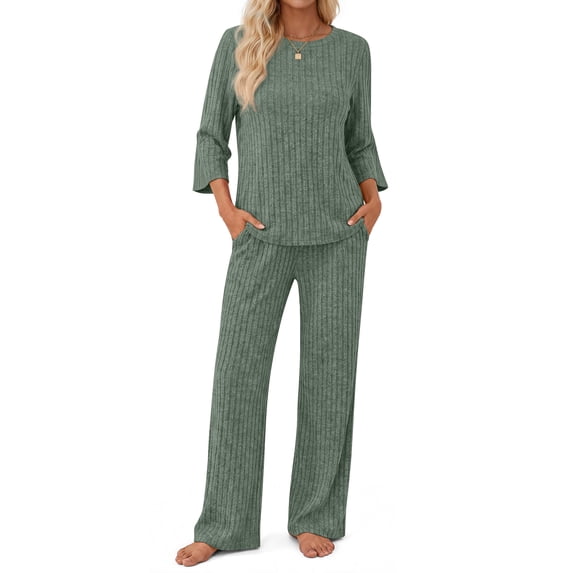 Fantaslook Pajamas Sets for Women Casual Two Piece Lounge Sets 3/4 Sleeve Crew Neck Top Wide Leg Pants Vacation Travel Outfits