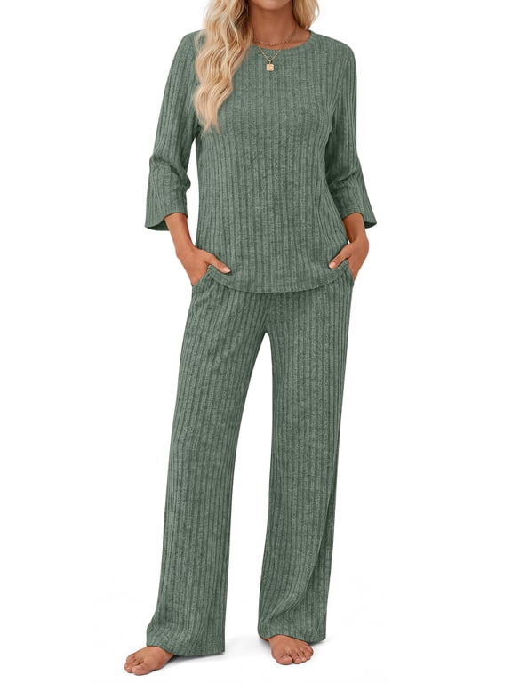 Pajamas Sets for Women Casual Two Piece Lounge Sets 3/4 Sleeve Crew Neck Top Wide Leg Pants Vacation Travel Outfits