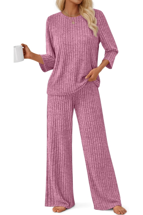 Pajamas Sets for Women Casual Two Piece Lounge Sets 3/4 Sleeve Crew Neck Top Wide Leg Pants Vacation Travel Outfits