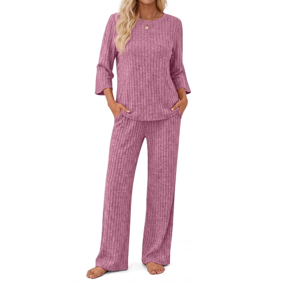 Fantaslook Pajamas Sets for Women Casual Plus Size Two Piece Lounge Sets 3/4 Sleeve Crew Neck Top Wide Leg Pants Vacation Travel Outfits ; 2XL
