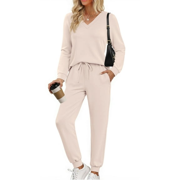 Fantaslook Two Piece Sets for Women Fall Outfits Fashion Lounge Sets V Neck Tops Long Pants Tracksuit Vacation Travel Outfits