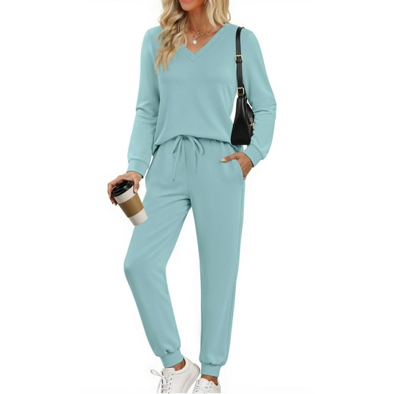 Fantaslook Two Piece Sets for Women Fall Outfits Fashion Lounge Sets V Neck Tops Long Pants Tracksuit Vacation Travel Outfits