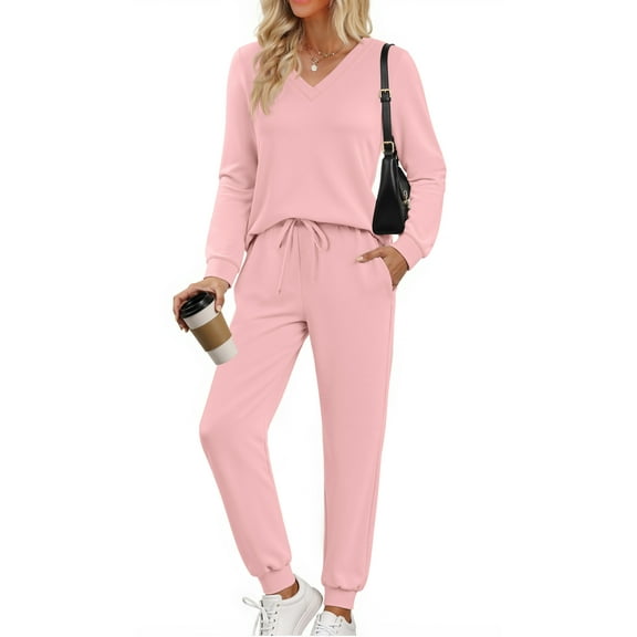 Fantaslook Two Piece Sets for Women Fall Outfits Fashion Lounge Sets V Neck Tops and Jogger Pants Tracksuit Vacation Travel Outfits