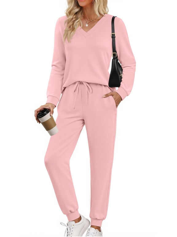 Two Piece Sets for Women Fall Outfits Fashion Lounge Sets V Neck Tops and Jogger Pants Tracksuit Vacation Travel Outfits