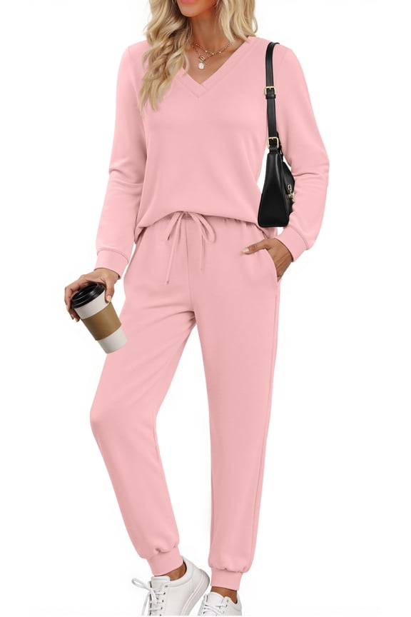 Two Piece Sets for Women Fall Outfits Fashion Lounge Sets V Neck Tops and Jogger Pants Tracksuit Vacation Travel Outfits