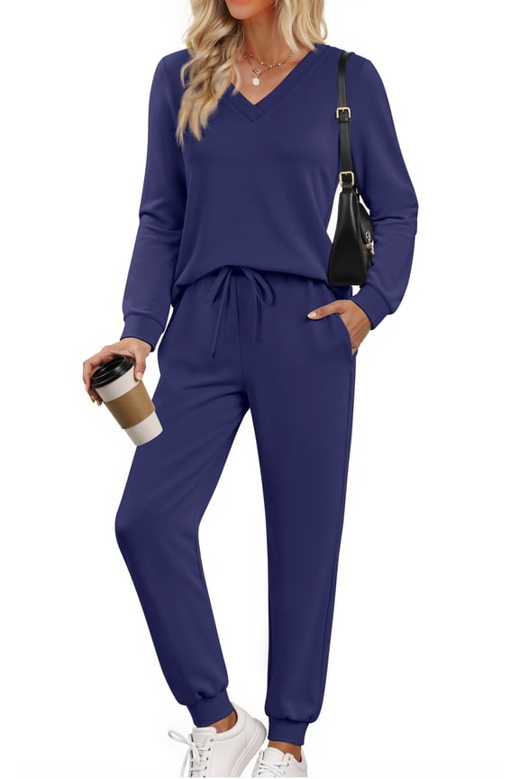 Two Piece Sets for Women Fall Outfits Fashion Lounge Sets V Neck Tops Long Pants Tracksuit Vacation Travel Outfits