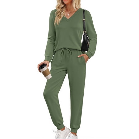 Fantaslook Two Piece Sets for Women Fall Outfits Fashion Lounge Sets V Neck Tops and Jogger Pants Tracksuit Vacation Travel Outfits