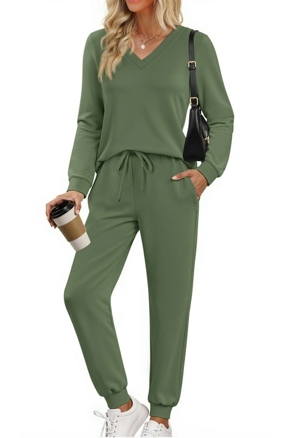 Two Piece Sets for Women Fall Outfits Fashion Lounge Sets V Neck Tops and Jogger Pants Tracksuit Vacation Travel Outfits