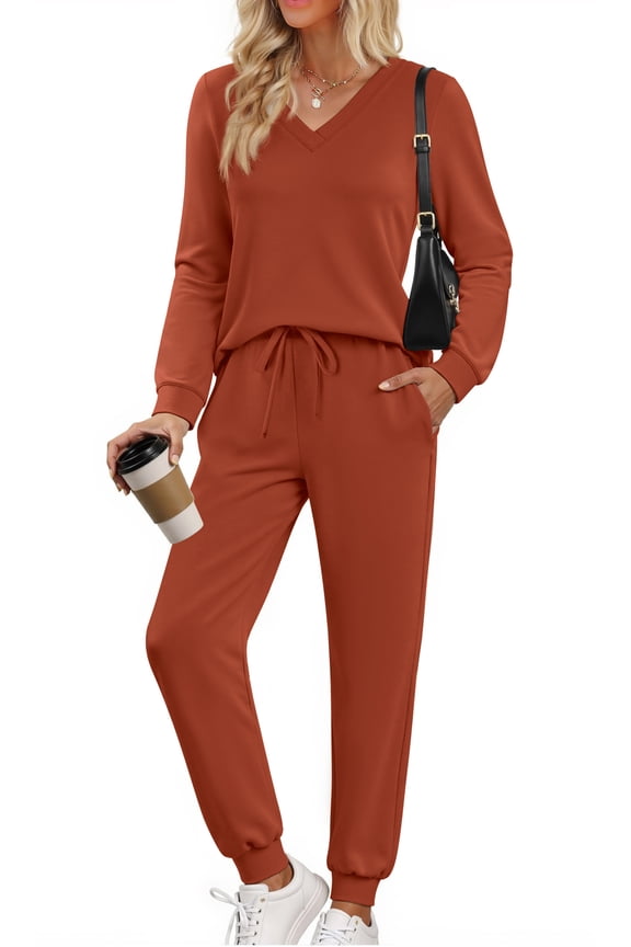 Two Piece Sets for Women Fall Outfits Fashion Lounge Sets V Neck Tops Long Pants Tracksuit Vacation Travel Outfits