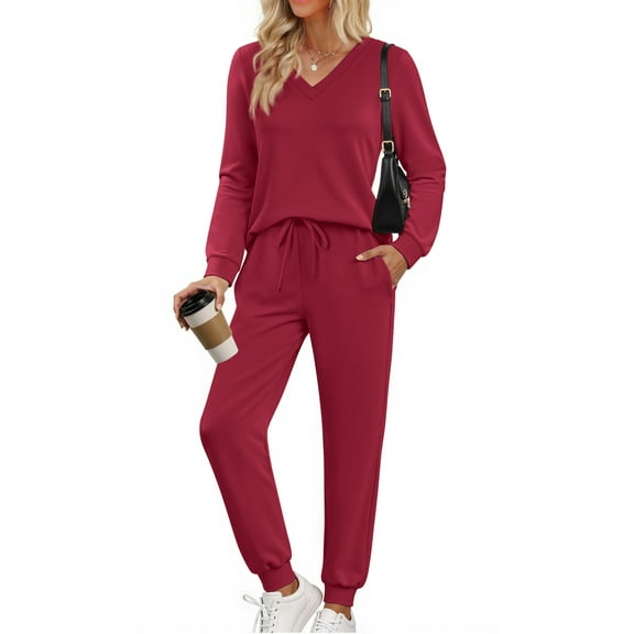 Fantaslook Two Piece Sets for Women Fall Outfits Fashion Lounge Sets V Neck Tops Long Pants Tracksuit Vacation Travel Outfits