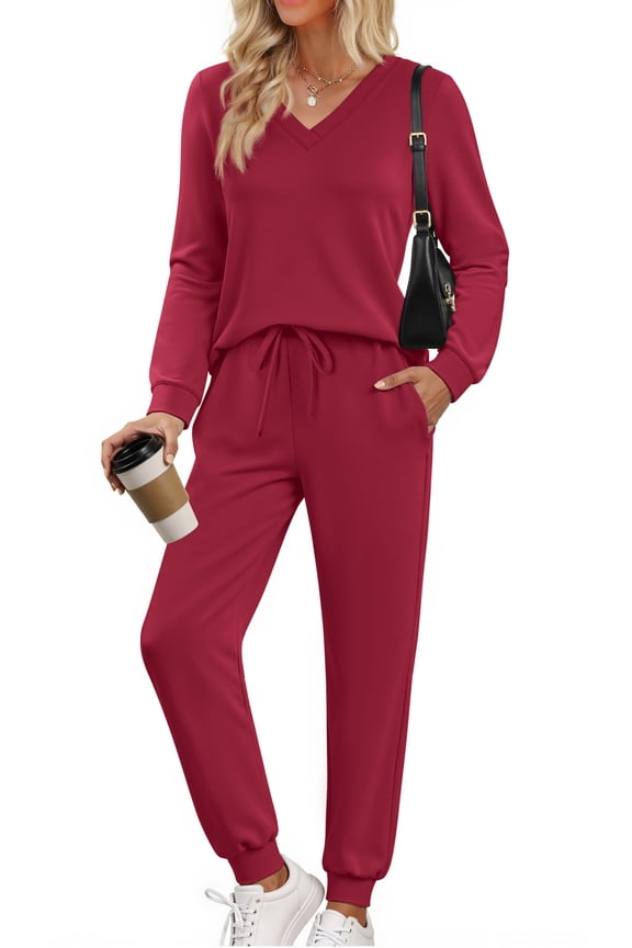 Two Piece Sets for Women Fall Outfits Fashion Lounge Sets V Neck Tops Long Pants Tracksuit Vacation Travel Outfits