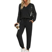 FANTASLOOK Two Piece Sets for Women Fall Outfits Fashion Lounge Sets V Neck Tops Long Pants Tracksuit Vacation Travel Outfits