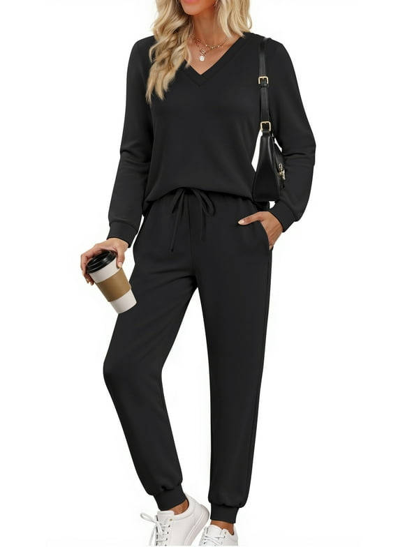 Two Piece Sets for Women Fall Outfits Fashion Lounge Sets V Neck Tops and Jogger Pants Tracksuit Vacation Travel Outfits