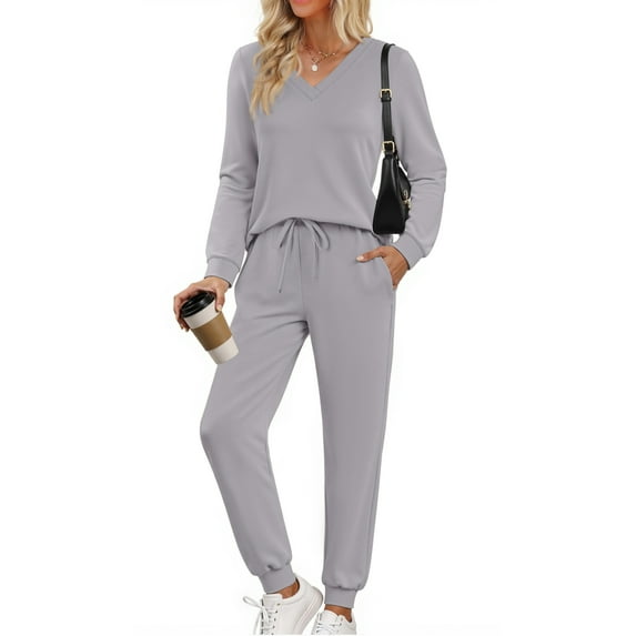 Fantaslook Two Piece Sets for Women Fall Outfits Fashion Lounge Sets V Neck Tops Long Pants Tracksuit Vacation Travel Outfits