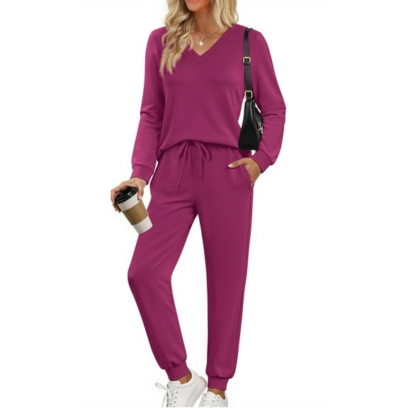 Fantaslook Two Piece Sets for Women Fall Outfits Fashion Lounge Sets V Neck Tops Long Pants Tracksuit Vacation Travel Outfits