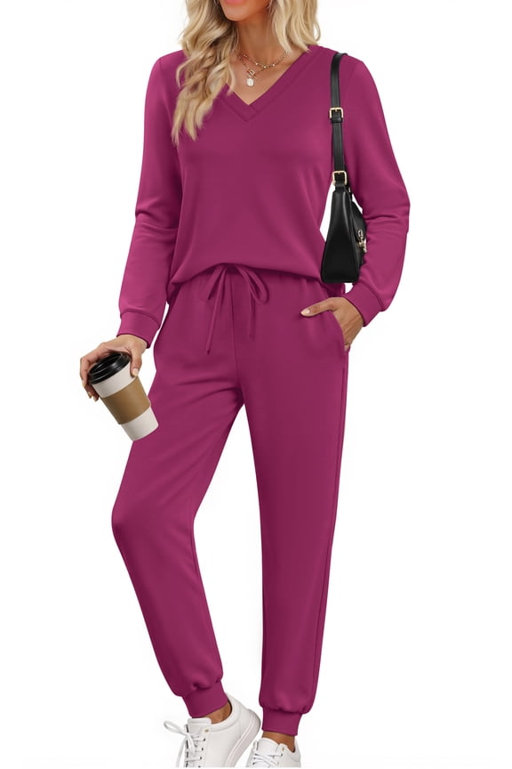 Two Piece Sets for Women Fall Outfits Fashion Lounge Sets V Neck Tops Long Pants Tracksuit Vacation Travel Outfits
