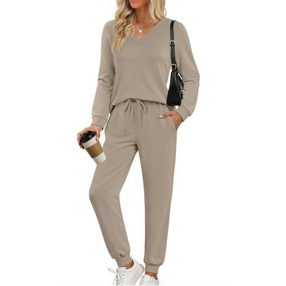 Fantaslook Two Piece Sets for Women Fall Outfits Fashion Lounge Sets V Neck Tops and Jogger Pants Tracksuit Vacation Travel Outfits