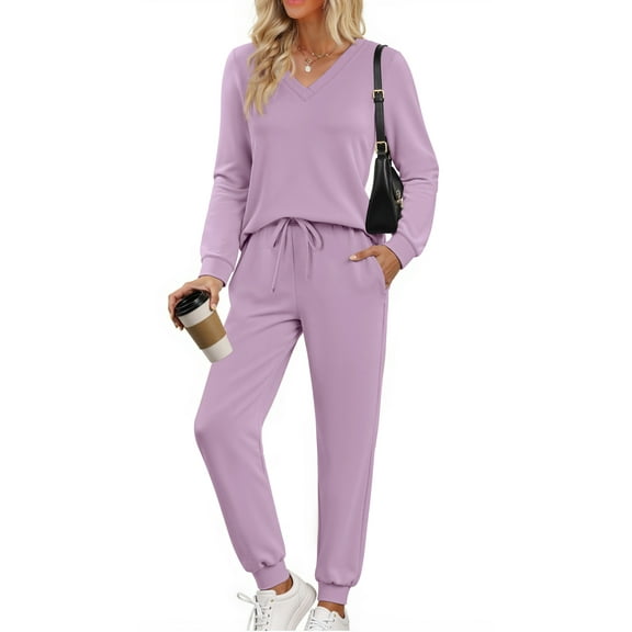 Fantaslook Two Piece Sets for Women Fall Outfits Fashion Lounge Sets V Neck Tops and Jogger Pants Tracksuit Vacation Travel Outfits