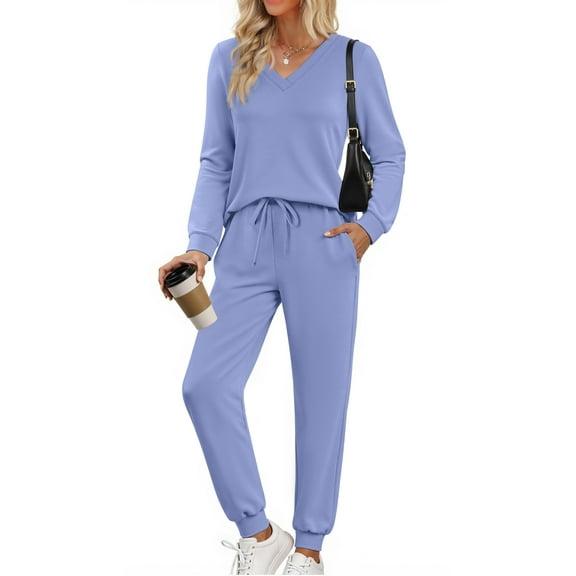 Fantaslook Two Piece Sets for Women Fall Outfits Fashion Lounge Sets V Neck Tops and Jogger Pants Tracksuit Vacation Travel Outfits