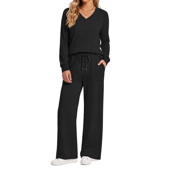Fantaslook Two Piece Sets for Women Fall Outfits Long Sleeve Tops Wide Leg Pants Lounge Matching Sets Vacation Travel Outfits