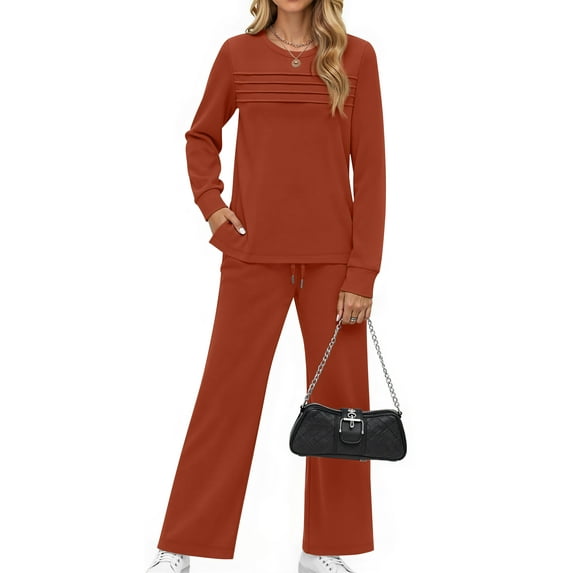 Fantaslook Two Piece Sets for Women Fall Travel Vacation Outfits Pleated Long Sleeve Lounge Sets Wide Leg Pants