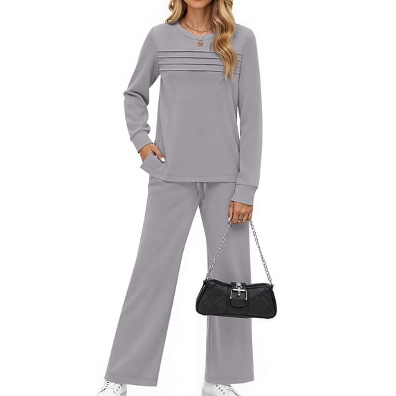 Fantaslook Two Piece Sets for Women Fall Travel Vacation Outfits Pleated Long Sleeve Lounge Sets Wide Leg Pants