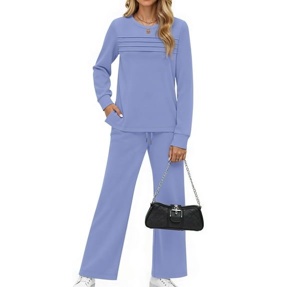 Fantaslook Two Piece Sets for Women Fall Travel Vacation Outfits Pleated Long Sleeve Lounge Sets Wide Leg Pants