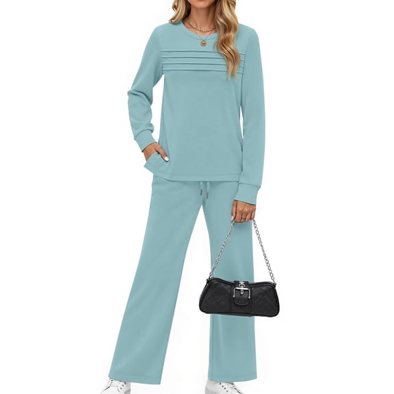 Fantaslook Two Piece Sets for Women Fall Travel Vacation Outfits Pleated Long Sleeve Lounge Sets Wide Leg Pants