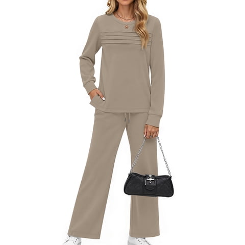 Two Piece Sets for Women Fall Travel Vacation Outfits Pleated Long Sleeve Lounge Sets Wide Leg Pants