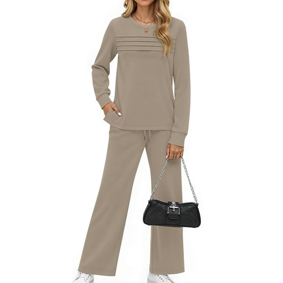 Fantaslook Two Piece Sets for Women Fall Travel Vacation Outfits Pleated Long Sleeve Lounge Sets Wide Leg Pants