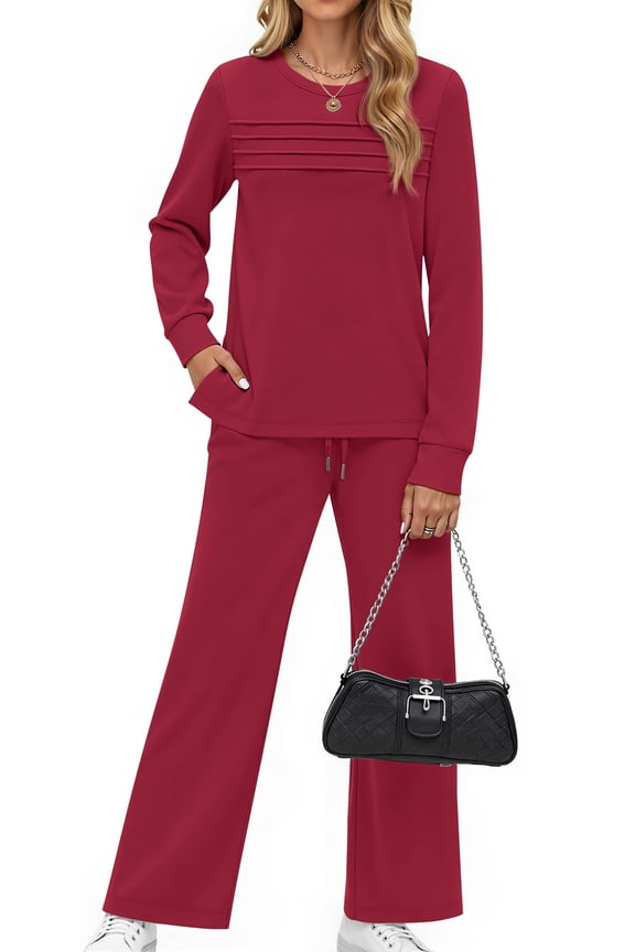 Two Piece Sets for Women Fall Travel Vacation Outfits Pleated Long Sleeve Lounge Sets Wide Leg Pants