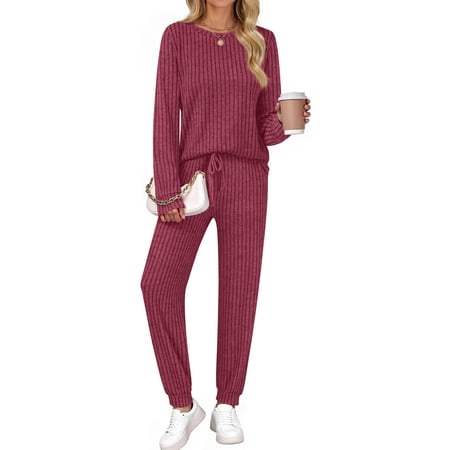 Fantaslook Two Piece Sets for Women Lounge Sets Casual Long Sleeve Tops and Long Pants Vacation Travel Fall Outfits Pajama Sets