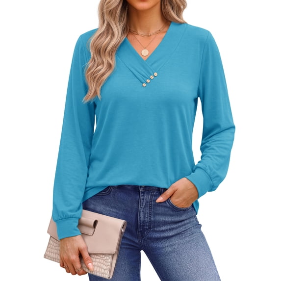 Fantaslook V Neck Blouses for Women Dressy Casual Tops Button Long Sleeve Shirts Trendy Fall Tops