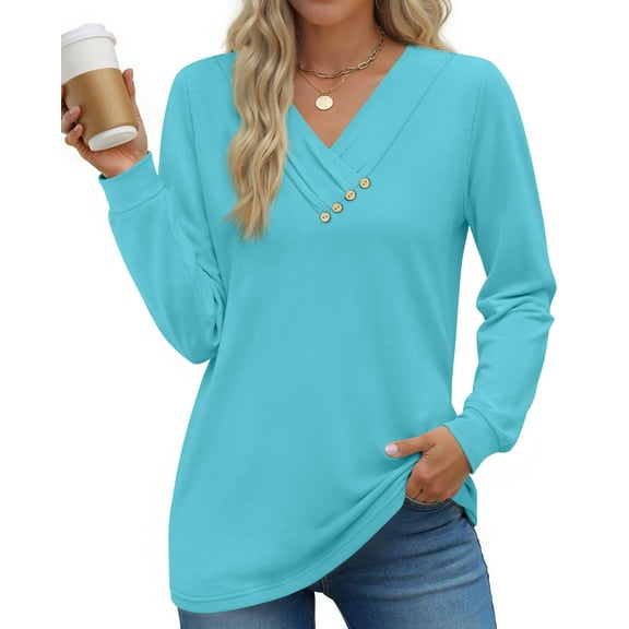 Fantaslook V Neck Blouses for Women Dressy Casual Tops Button Long Sleeve Shirts Trendy Fall Tops
