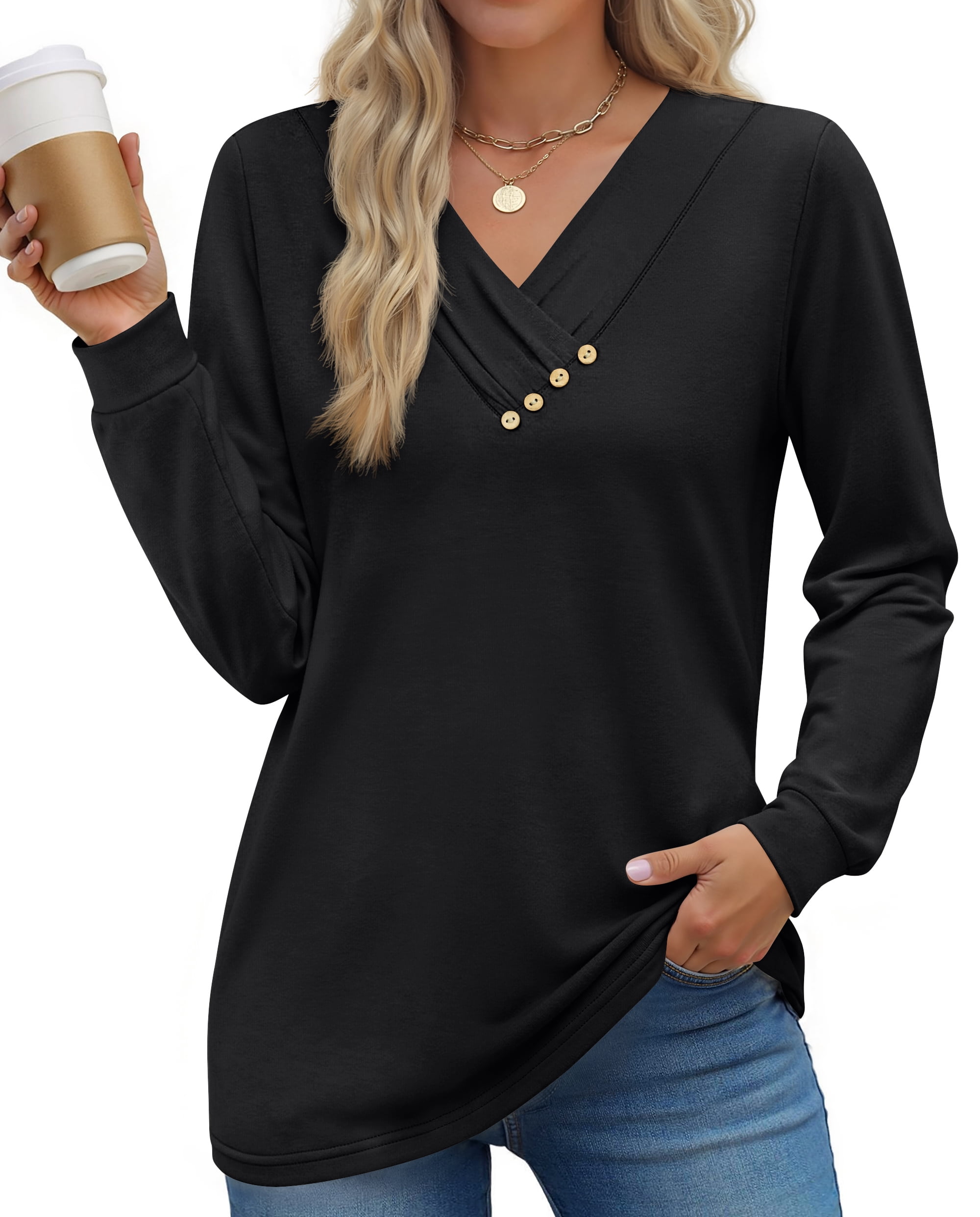 Fantaslook V Neck Blouses for Women Dressy Casual Tops Button Long ...
