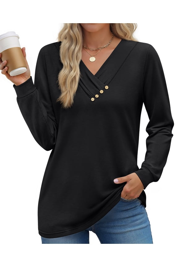 V Neck Blouses for Women Dressy Casual Tops Button Long Sleeve Shirts Trendy Fall Tops