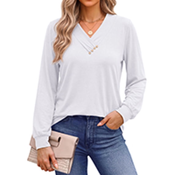 Fantaslook V Neck Blouses for Women Dressy Casual Tops Button Long Sleeve Shirts Trendy Fall Tops
