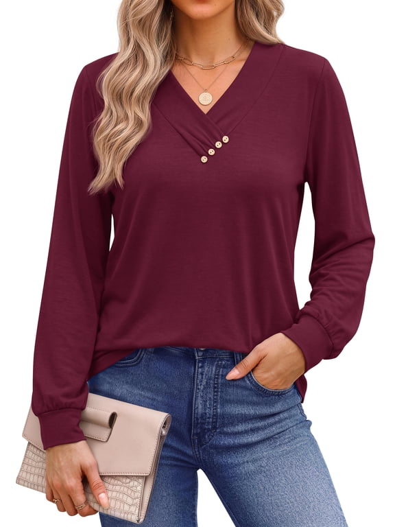 V Neck Blouses for Women Dressy Casual Tops Button Long Sleeve Shirts Trendy Fall Tops