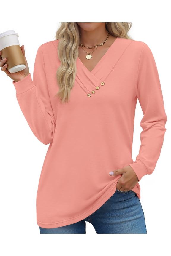 V Neck Blouses for Women Dressy Casual Tops Button Long Sleeve Shirts Trendy Fall Tops